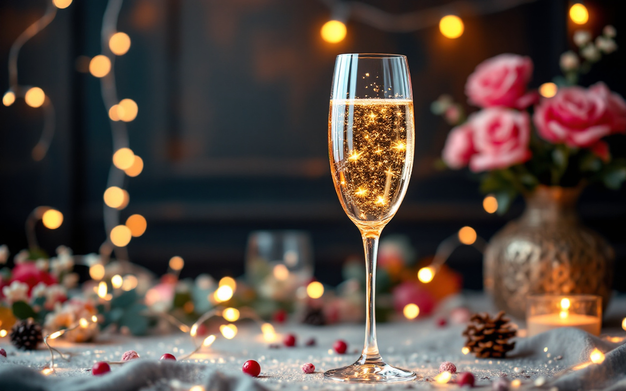 une-flute-de-champagne-elegamment-decoree-sur-une-table-festive-entouree-de-lumieres-scintillantes-et-de-fleurs-fraiches-creant-une-ambiance-de-celebration-joyeuse