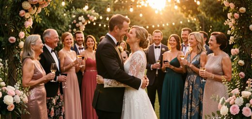 Un couple élégant célèbre son anniversaire de mariage dans un jardin décoré, entouré d’invités souriants au coucher du soleil.