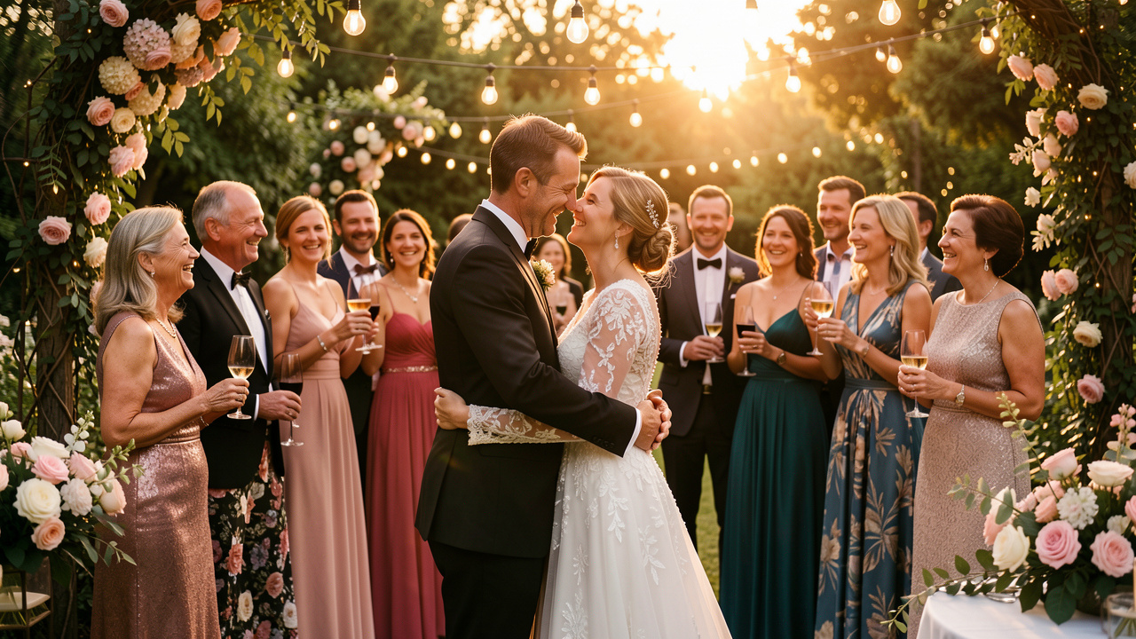Un couple élégant célèbre son anniversaire de mariage dans un jardin décoré, entouré d’invités souriants au coucher du soleil.