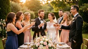 Un couple élégant célèbre ses noces entouré de proches autour d’une table festive décorée de fleurs, dans une lumière dorée et chaleureuse.
