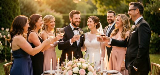 Un couple élégant célèbre ses noces entouré de proches autour d’une table festive décorée de fleurs, dans une lumière dorée et chaleureuse.