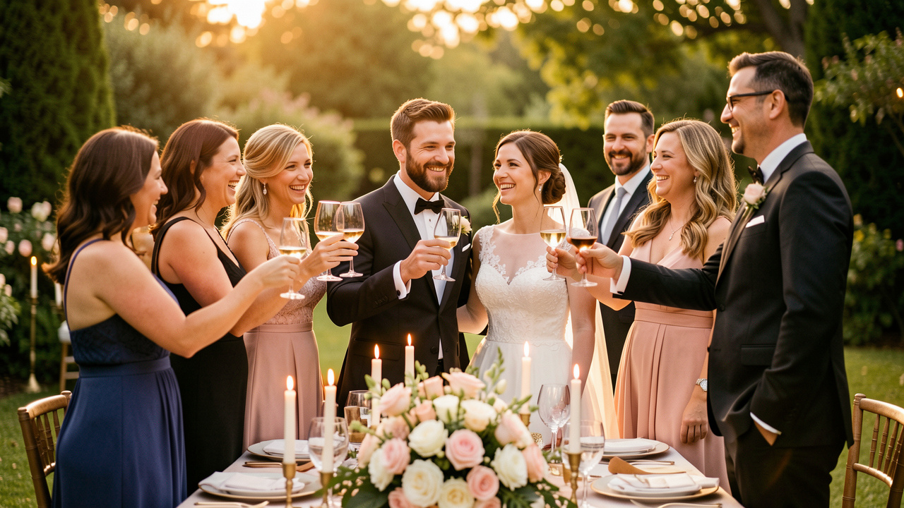 Un couple élégant célèbre ses noces entouré de proches autour d’une table festive décorée de fleurs, dans une lumière dorée et chaleureuse.