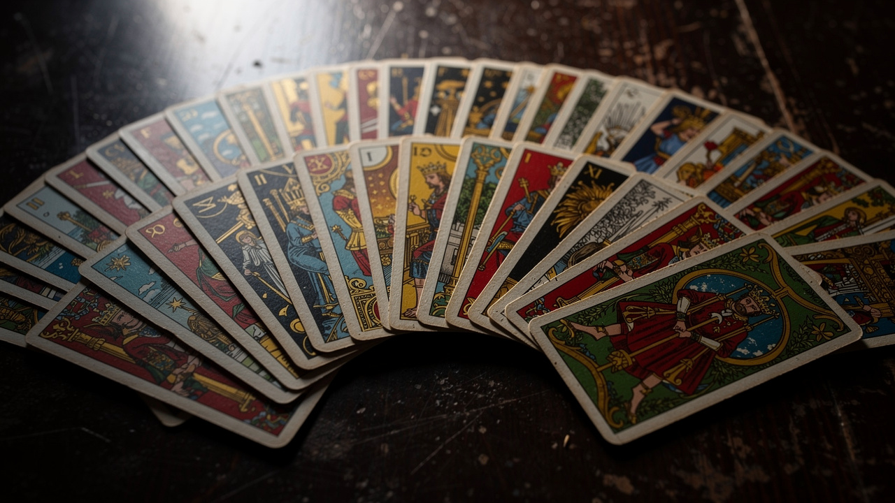Jeu de 32 cartes étalé sur une table sombre, mettant en valeur les quatre couleurs de cartomancie avec un éclairage cinématographique et un rendu très détaillé.