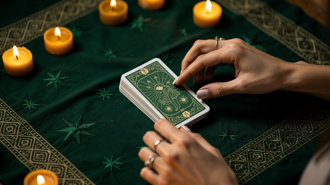 Une femme tire une carte de tarot pendant un tirage de voyance, ses mains au-dessus d’un tapis ésotérique orné, éclairage aux bougies, ambiance mystique réaliste.