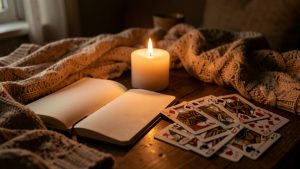 Table intime et chaleureuse avec une bougie douce, un carnet ouvert et des cartes posées sur une table en bois, éclairage ambré et ambiance feutrée.