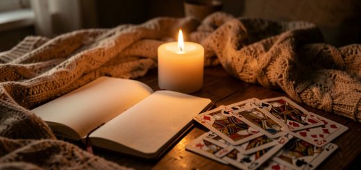 Table intime et chaleureuse avec une bougie douce, un carnet ouvert et des cartes posées sur une table en bois, éclairage ambré et ambiance feutrée.