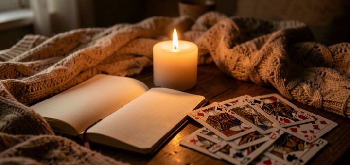 Table intime et chaleureuse avec une bougie douce, un carnet ouvert et des cartes posées sur une table en bois, éclairage ambré et ambiance feutrée.