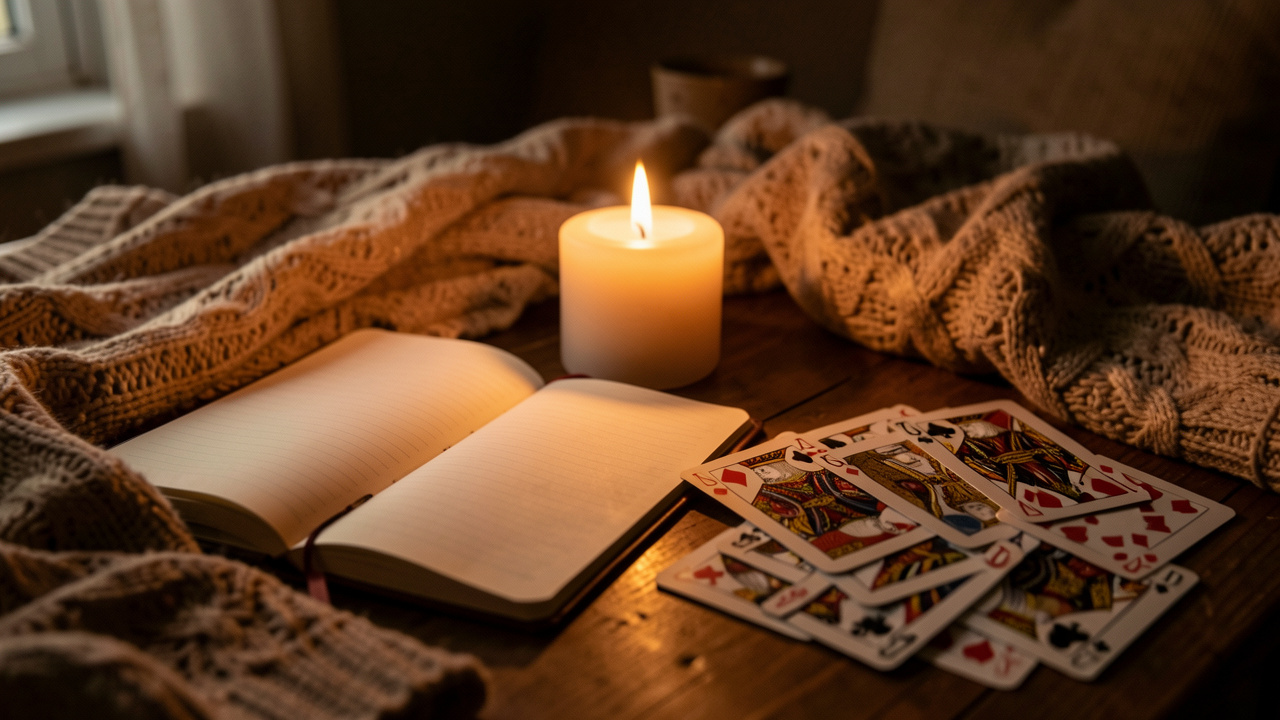 Table intime et chaleureuse avec une bougie douce, un carnet ouvert et des cartes posées sur une table en bois, éclairage ambré et ambiance feutrée.