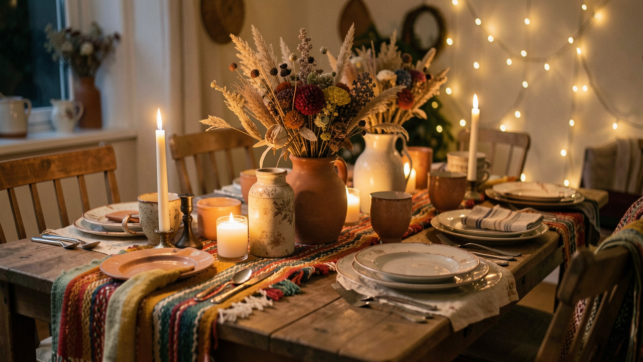 Table de fête chaleureuse décorée de fleurs séchées, de vaisselle chinée, de textiles colorés et de guirlandes lumineuses.