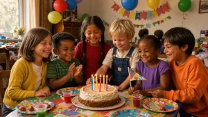 Six enfants souriants, trois filles et trois garçons, célèbrent un anniversaire autour d’une petite table colorée avec un gâteau fait maison et des guirlandes en papier.