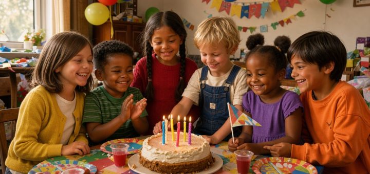Six enfants souriants, trois filles et trois garçons, célèbrent un anniversaire autour d’une petite table colorée avec un gâteau fait maison et des guirlandes en papier.
