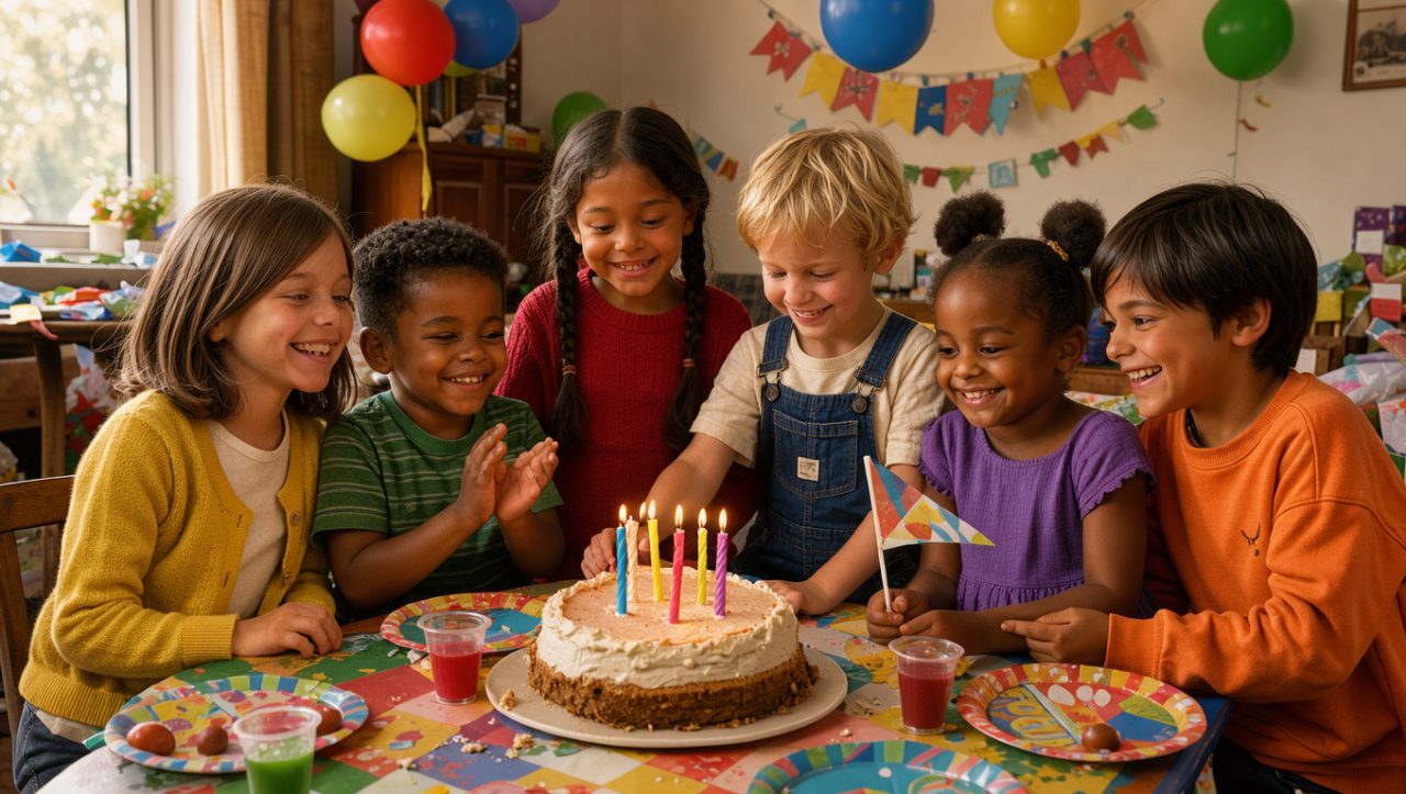 Six enfants souriants, trois filles et trois garçons, célèbrent un anniversaire autour d’une petite table colorée avec un gâteau fait maison et des guirlandes en papier.