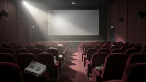 Illustration éditoriale sobre d’une salle de cinéma vide avec des fauteuils rouges, un faisceau de projecteur et des journaux d’enquête sans contenu lisible.