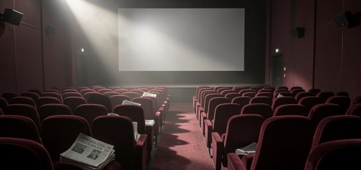 Illustration éditoriale sobre d’une salle de cinéma vide avec des fauteuils rouges, un faisceau de projecteur et des journaux d’enquête sans contenu lisible.