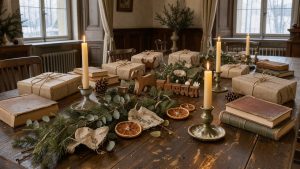 Table de Noël chaleureuse à Valençay, décorée de cadeaux de seconde main emballés dans du papier kraft, de livres anciens, de jouets en bois et d’éléments végétaux.