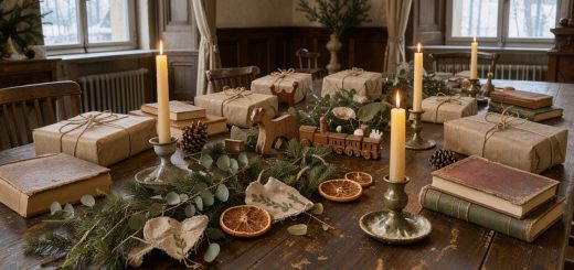 Table de Noël chaleureuse à Valençay, décorée de cadeaux de seconde main emballés dans du papier kraft, de livres anciens, de jouets en bois et d’éléments végétaux.