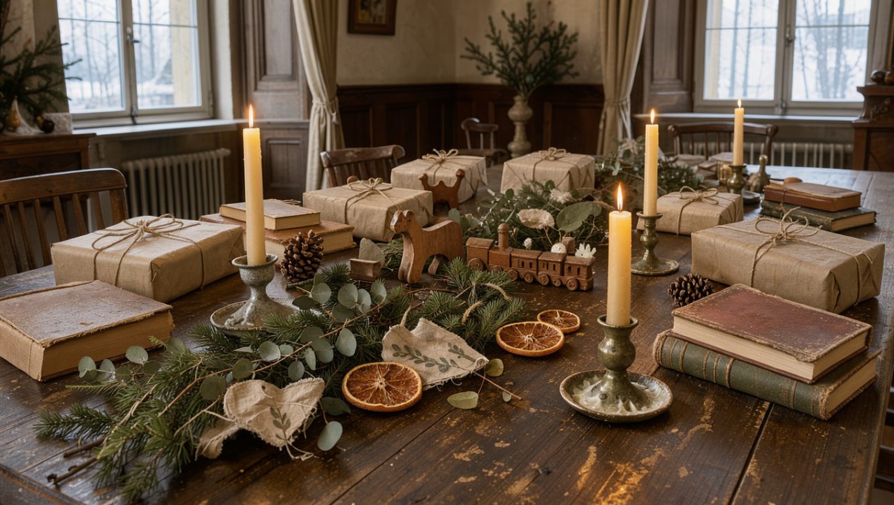 Table de Noël chaleureuse à Valençay, décorée de cadeaux de seconde main emballés dans du papier kraft, de livres anciens, de jouets en bois et d’éléments végétaux.